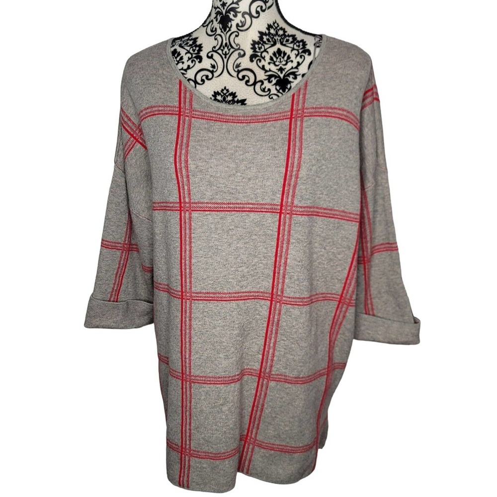 Tahari Gray Red Windowpane Grid 3/4 Sleeve Pullover Sweater Size 2X